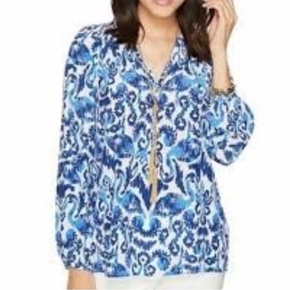 Lilly Pulitzer Tops - Lilly Pulitzer Elsa Blue and White Patterned Silk Blouse